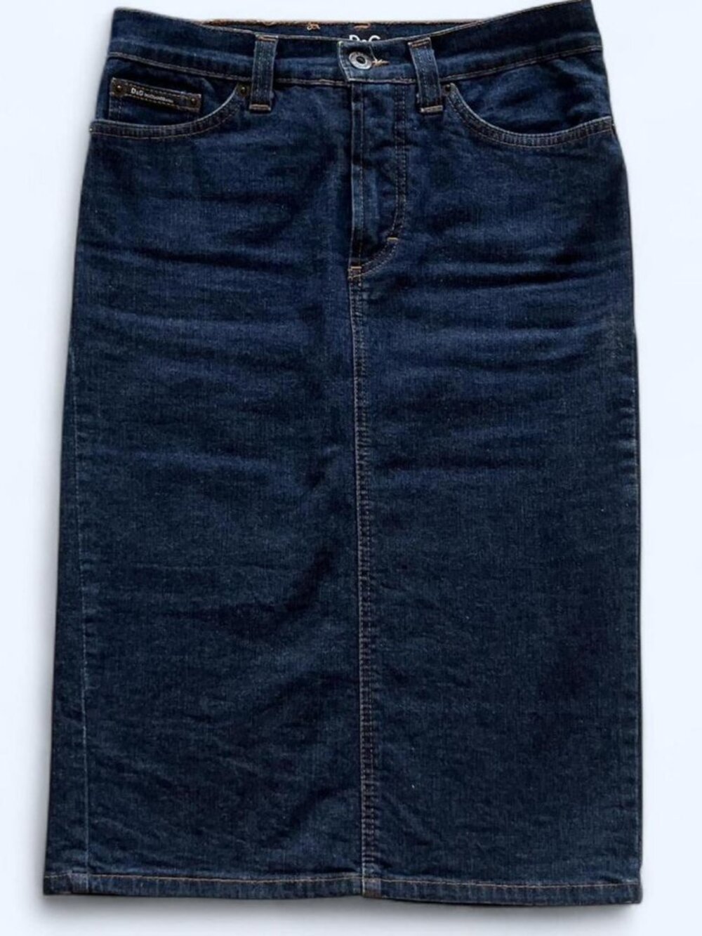 Vintage 2000’s Dolce & Gabbana dark wash denim knee length midi skirt size XS